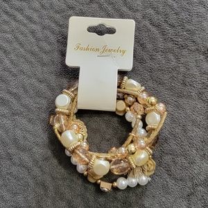 Goldtone Cream Pearl Tassel Floral Stretch Multiple Stacked Bracelets